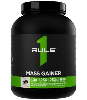 Rule 1 Mass Gainer - Fórmula de aumento de peso alta en calorías con más de 1,220 calorías, mezcla de carbohidratos complejos de 250g+, 40g de proteína de suero total por porción (8 porciones, Cookies